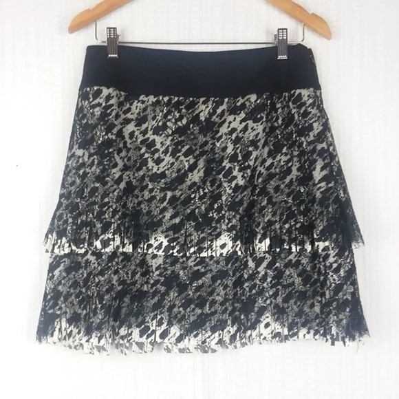 ANN TAYLOR | Black White Lace Print Fringed Skirt 6 - Picture 1 of 5